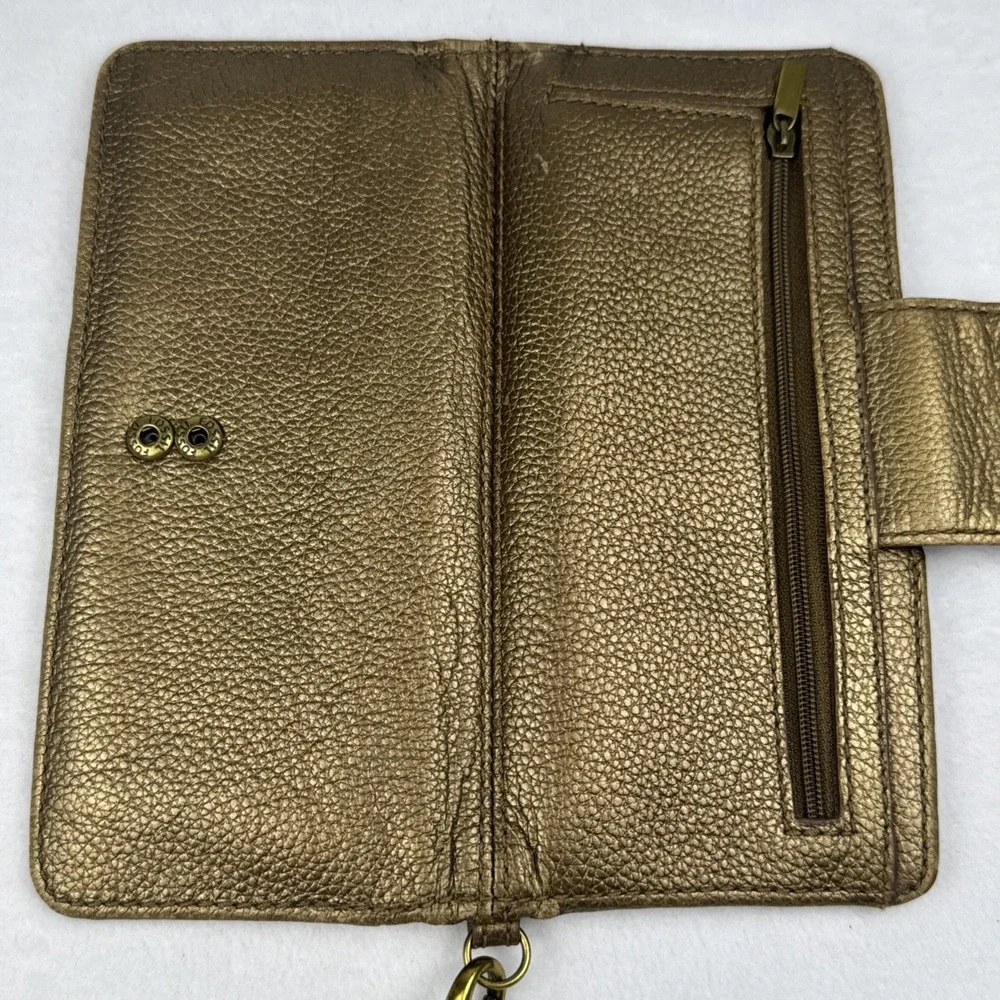 FOSSIL Quinn Slim‎ Wristlet Clutch Bi-Fold Wallet Pebbled Metallic Gold SWL1085